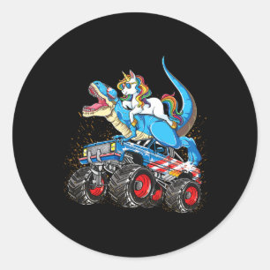 Eenhoorn Rijdt T Rex Monster Truck Jongens Meisjes Ronde Sticker