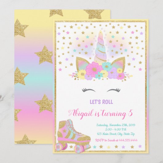 Eenhoorn Roller Schaats Uitnodiging, Eenhoorn Kaart (Voorkant / Achterkant)