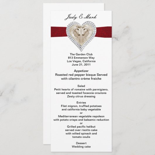 Eenhoorn Rood Kant Bruiloft Menu Kaart (Voorkant / Achterkant)