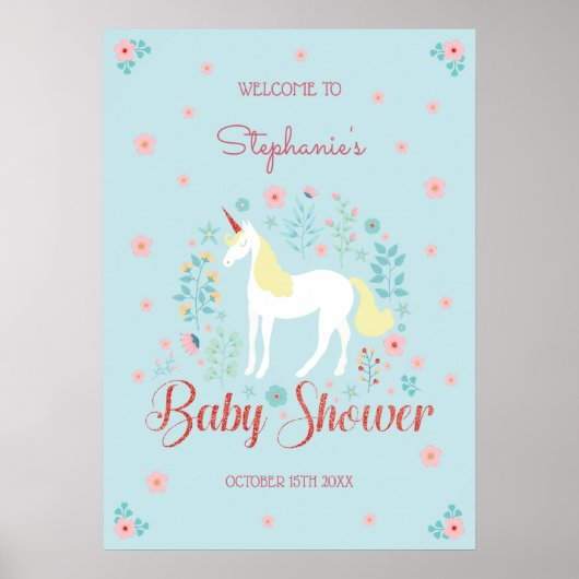  Eenhoorn Roos Gouden Glitter Baby shower Poster (Voorkant)