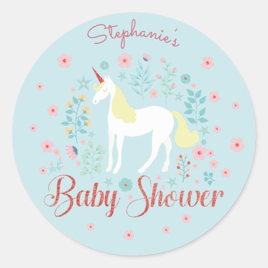  Eenhoorn Roos Gouden Glitter Baby shower Ronde Sticker (Voorkant)