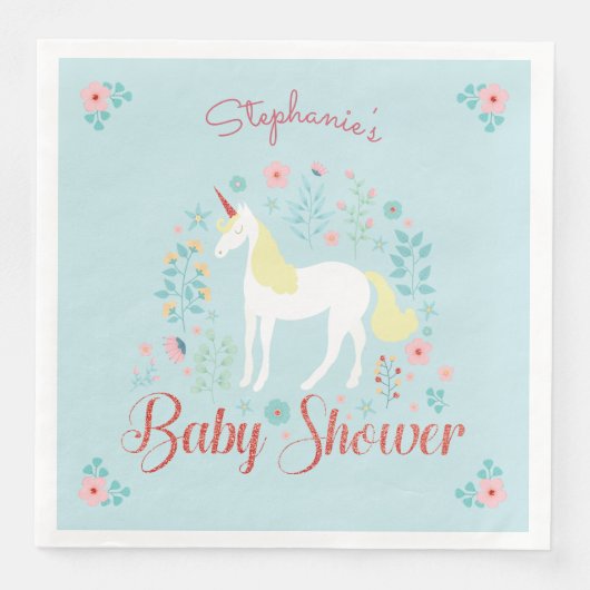  Eenhoorn Roos Gouden Glitter Baby shower Servet (Voorkant)