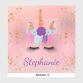 Eenhoorn Roos Gouden Glitter Gepersonaliseerde Naa Sticker (Vel)
