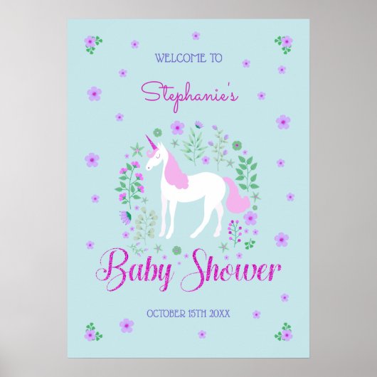 eenhoorn roze aqua Baby shower gepersonaliseerd Poster (Voorkant)