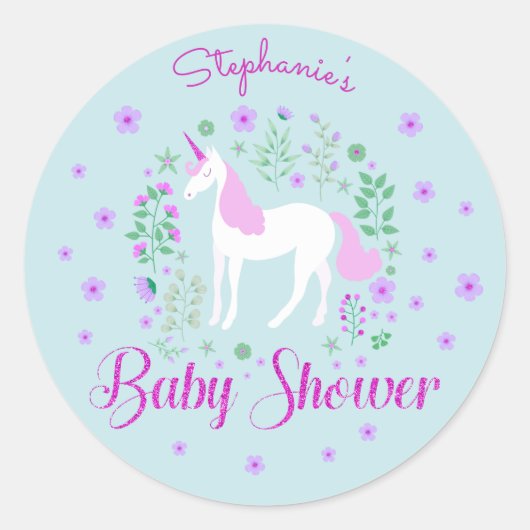  eenhoorn roze aqua Baby shower gepersonaliseerd Ronde Sticker (Voorkant)