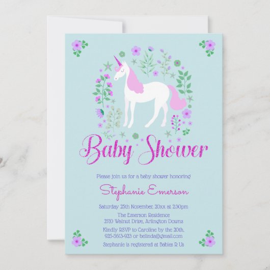  Eenhoorn Roze Aqua Baby shower Uitnodiging (Voorkant)