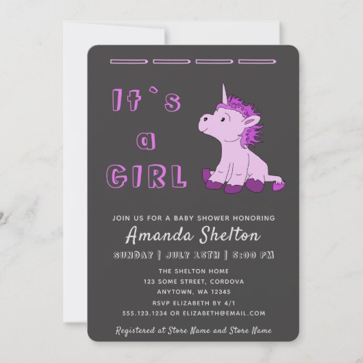 Eenhoorn Roze Baby Meisje Douche Uitnodiging Kaart (Voorkant)