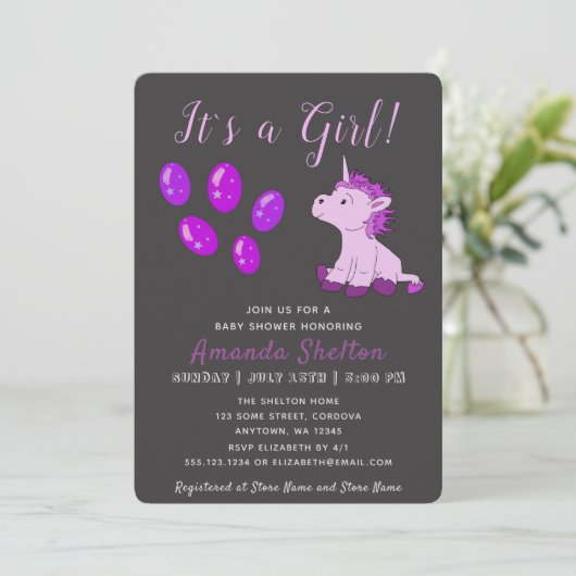 Eenhoorn Roze Baby Meisje Douche Uitnodiging Kaart (Staand voorkant)
