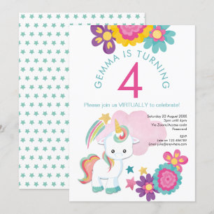 Eenhoorn Roze Blauwgroen Meisje 4e Virtual Birthda Kaart