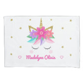 Eenhoorn roze bloemen glitter sterren gepersonalis kussensloop (Voorkant)