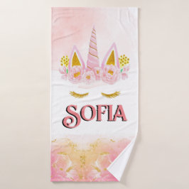 Eenhoorn Roze Bloemen Goud Glitter Gepersonaliseer Badhanddoek