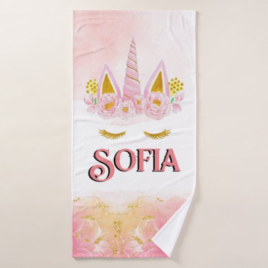 Eenhoorn Roze Bloemen Goud Glitter Gepersonaliseer Badhanddoek (Badhanddoek)