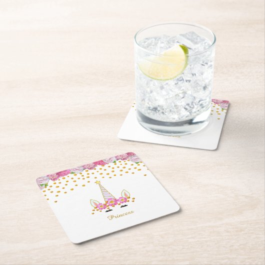 Eenhoorn, Roze Bloemen & Gouden Confetti Kartonnen Onderzetters (Insitu)