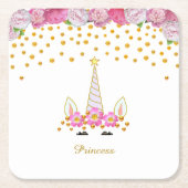 Eenhoorn, Roze Bloemen & Gouden Confetti Kartonnen Onderzetters (Voorkant)