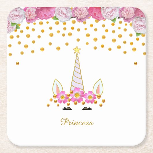 Eenhoorn, Roze Bloemen & Gouden Confetti Kartonnen Onderzetters (Voorkant)
