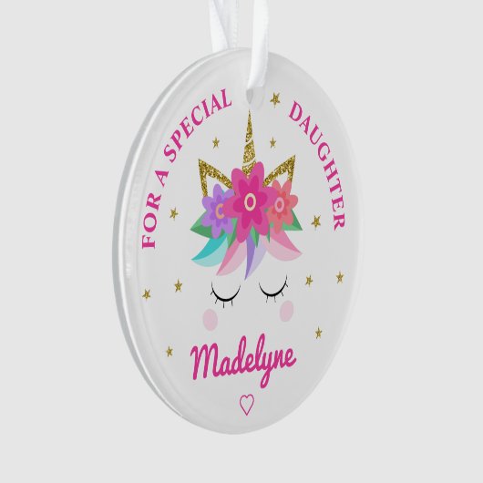 Eenhoorn Roze Bloemen Sterren Dochter Ornament (voorkant)