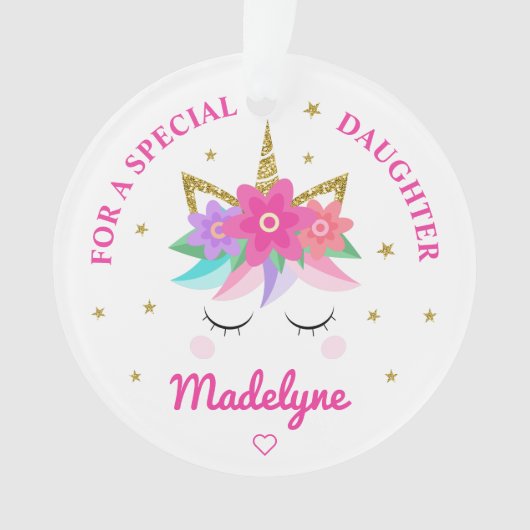 Eenhoorn Roze Bloemen Sterren Dochter Ornament (voorkant)
