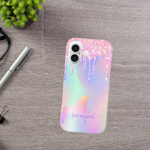 Eenhoorn roze druppels holografische naam iPhone 16 hoesje