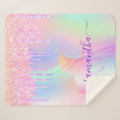 Eenhoorn roze druppels holografische naam script sherpa deken (Voorkant (horizontaal))
