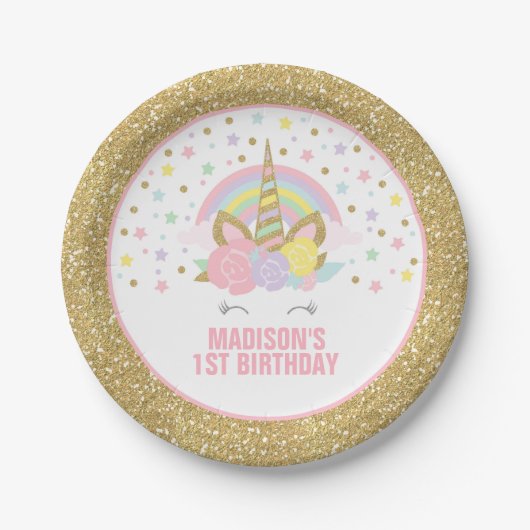 Eenhoorn Roze en Goud Papier Bord 7" Papier Borden (Voorkant)