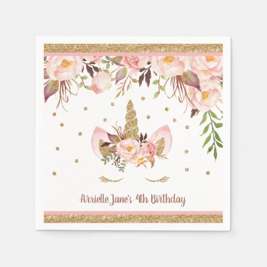Eenhoorn Roze en Goud Verjaardagsfeest Servetten (Voorkant)