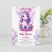 Eenhoorn Roze en Paarse Baby shower Kaart (Staand voorkant)