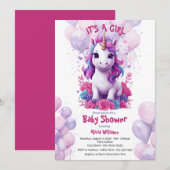 Eenhoorn Roze en Paarse Baby shower Kaart (Voorkant / Achterkant)
