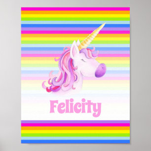 Eenhoorn roze en regenboog strepen aangepaste naam poster