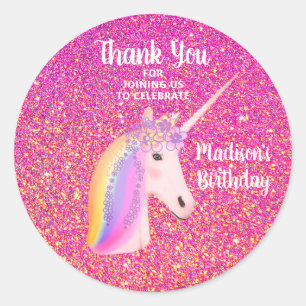 Eenhoorn Roze Glitter Dank u Verjaardagsgunst Ronde Sticker