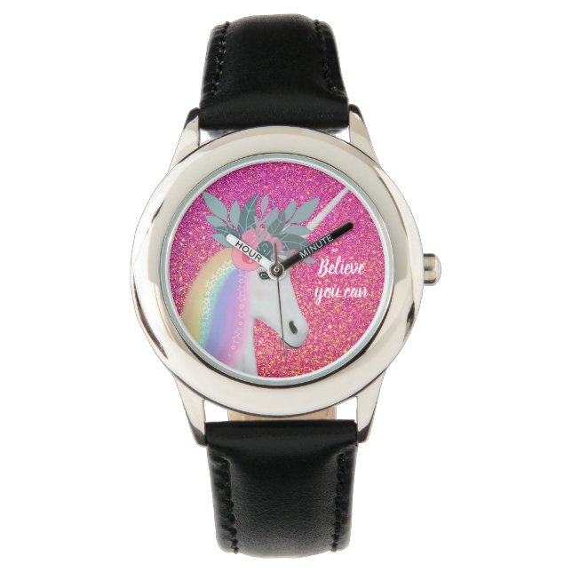 Eenhoorn Roze Glitter Fantasy Flowers Kinder Horloge (Voorkant)