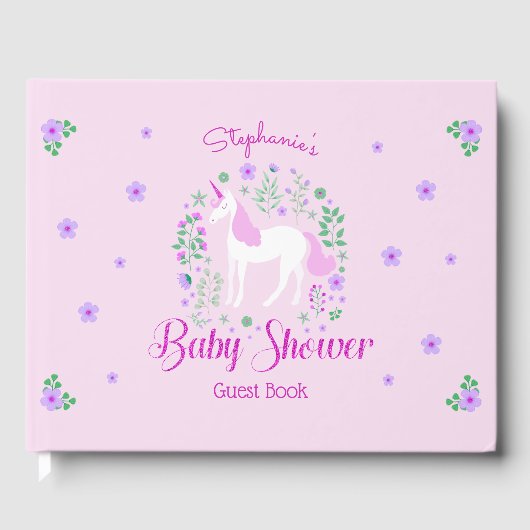 Eenhoorn Roze Glitter Gepersonaliseerd Baby shower Gastenboek (Voorkant)