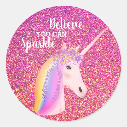  Eenhoorn Roze Glitter Inspirerend Quote Ronde Sticker (Voorkant)