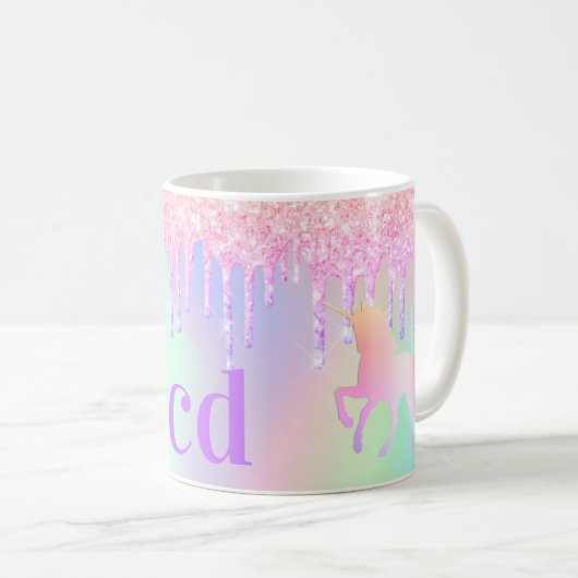 Eenhoorn roze glitter monogram holografisch koffiemok (Voorkant rechts)