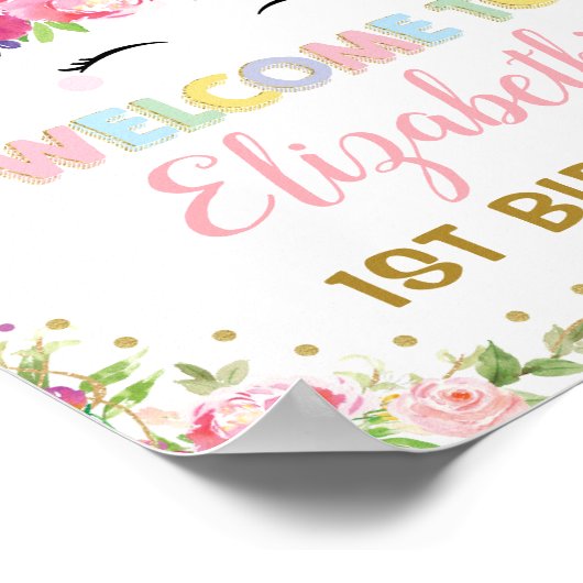 Eenhoorn Roze Goud Bloemige Verjaardags Welkom Poster (Hoek)