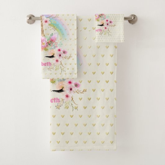 Eenhoorn Roze Goud Glitters Uiterlijk Naam Meisjes Bad Handdoek (Insitu)