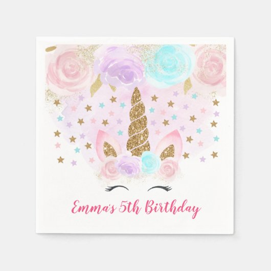 Eenhoorn Roze & Goud Verjaardag Servetten (Voorkant)