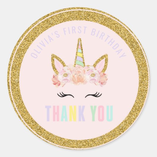 Eenhoorn Roze & Gouden Party Favor Label Sticker S (Voorkant)