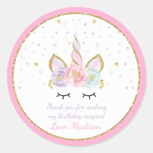 Eenhoorn Roze & Gouden Party Favor Label Sticker S (Voorkant)