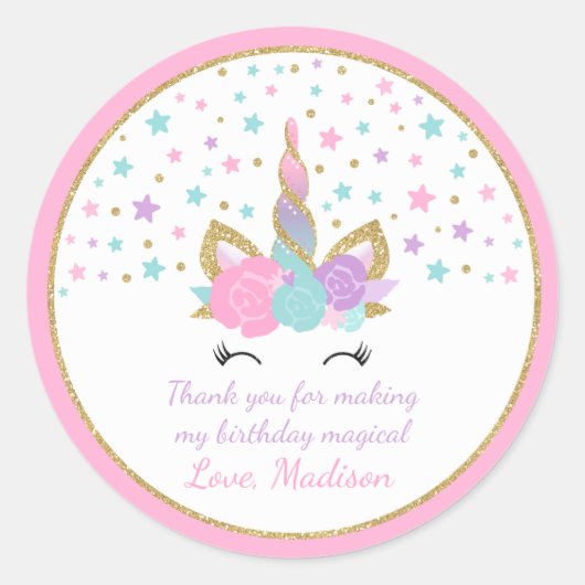 Eenhoorn Roze & Gouden Party Favor Label Sticker S (Voorkant)