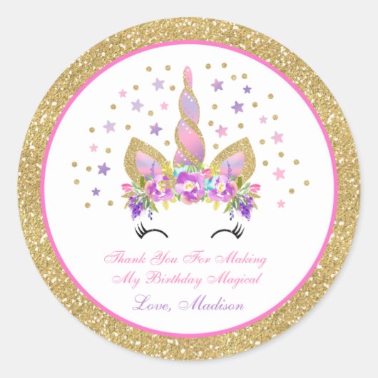 Eenhoorn Roze & Gouden Party Favor Label Sticker S (Voorkant)