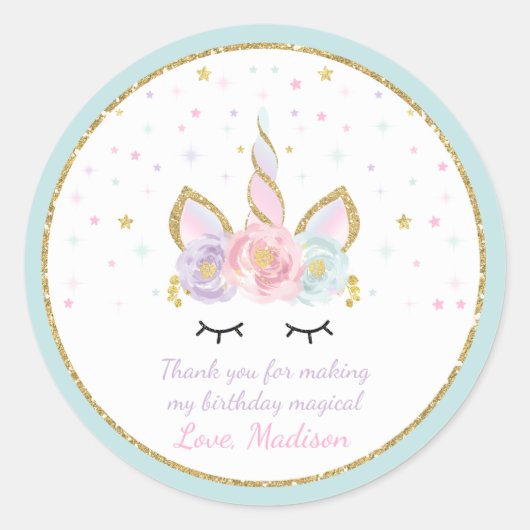Eenhoorn Roze & Gouden Party Favor Label Sticker S (Voorkant)