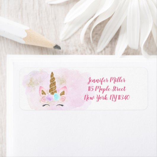 Eenhoorn Roze Gouden Verjaardag Adres Etiket (Insitu)