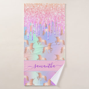 Eenhoorn roze paarse druppels holografische naam badhanddoek