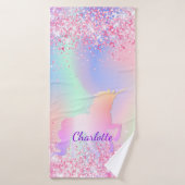 Eenhoorn roze paarse holografische naam badhanddoek (Badhanddoek)