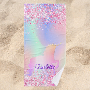 Eenhoorn roze paarse holografische naam badhanddoek