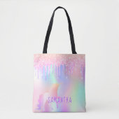 Eenhoorn roze paarse holografische naam tote bag (Voorkant)
