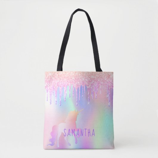 Eenhoorn roze paarse holografische naam tote bag (Voorkant)