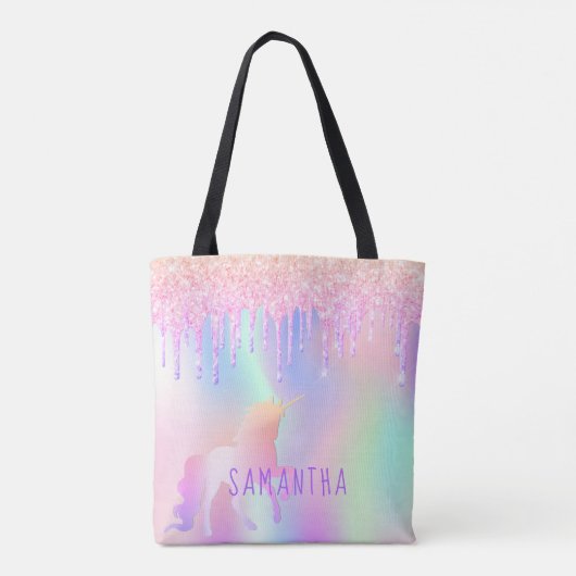 Eenhoorn roze paarse holografische naam tote bag (Achterkant)