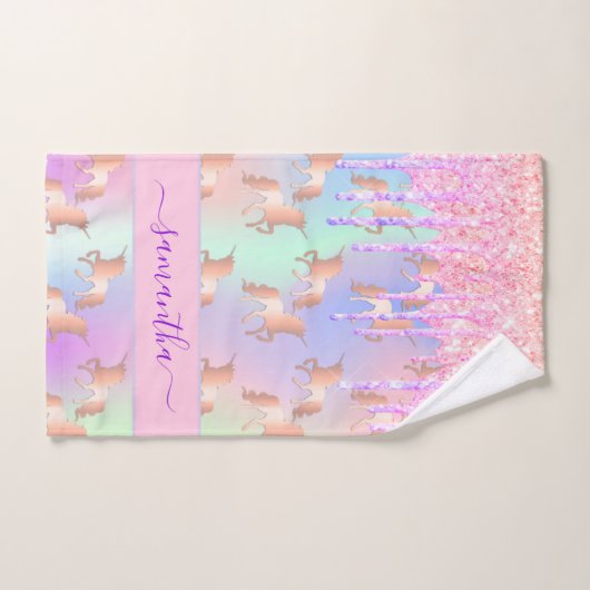 Eenhoorn roze paarse naam holografisch handdoek (Handdoek)