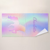 Eenhoorn roze paarse naam holografisch meisje badhanddoek (Badhanddoek)